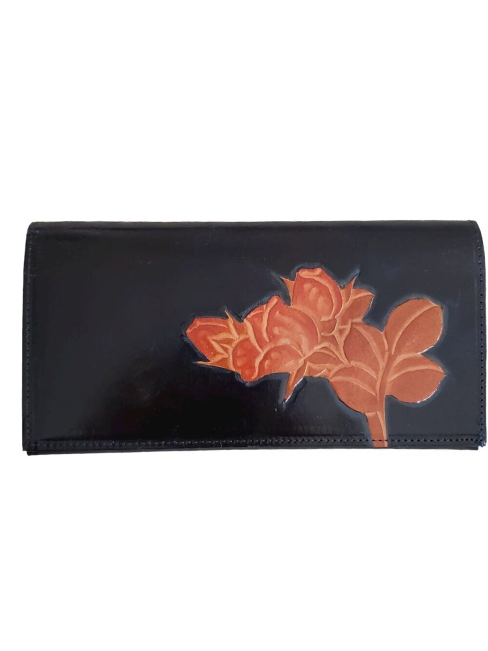 Handmade Japanese carved leather wallet navy blue with brown flowers
